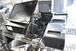 ViewSonic POS monitor, 4 Epson printers, Verifone credit card reader, metal cash drawer, computer keyboard, used condition.
