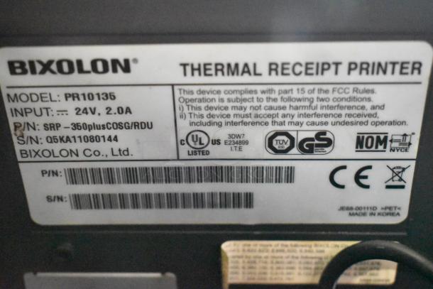 Label on Bixolon Thermal Receipt Printer model PR10135 with CE and UL certifications, details power and safety compliance.