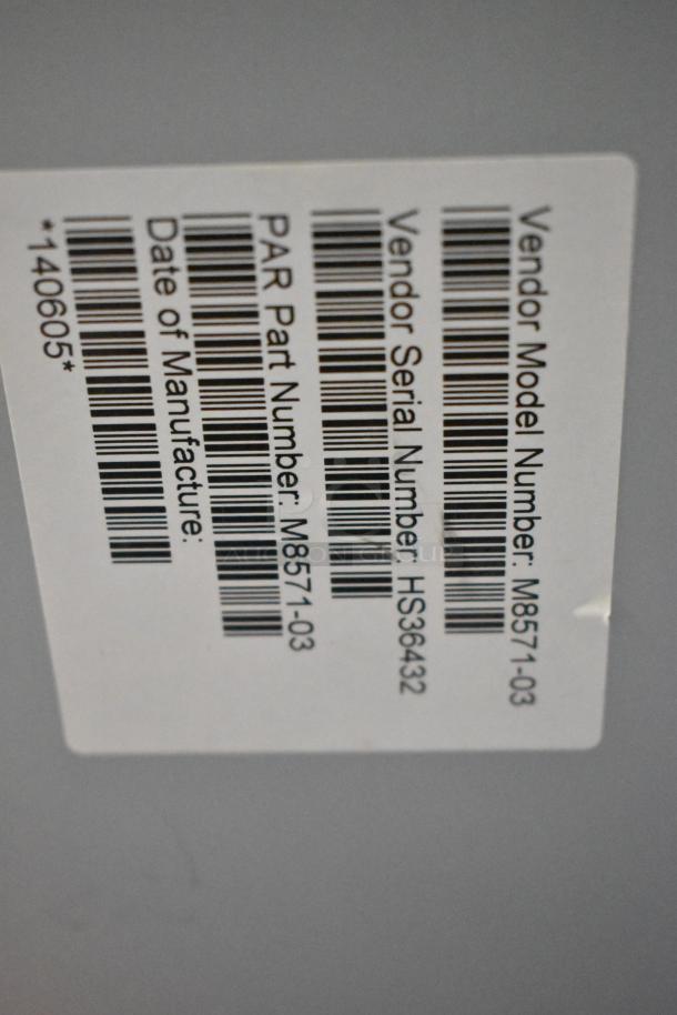 Barcode label showing Vendor Model Number M8571-03, Serial Number HS36432, and Part Number M8571-03.
