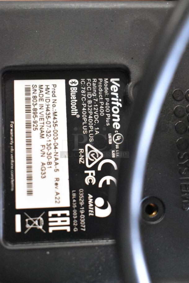 Verifone P400 Plus credit card reader label displaying model, product, voltage rating, and compliance logos.