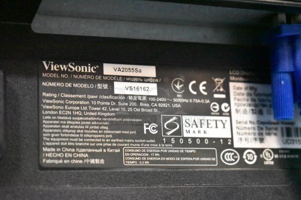 ViewSonic VA2055Sa POS monitor label with model number VS16162, power rating, and safety certifications.