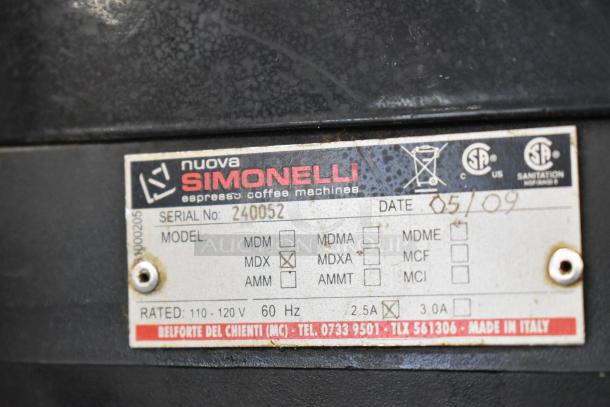 Nuova Simonelli MDX metal espresso grinder label, model MDX, serial No. 240052, 115V, made in Italy, dated 05/09.