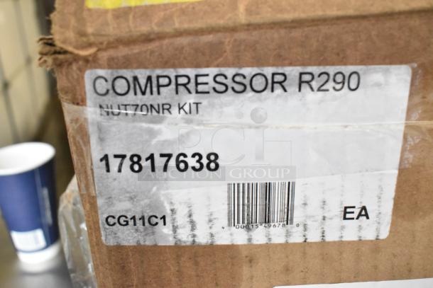Avantco 17817638 Compressor for various series; box labeled with model number and R290 refrigerant type.
