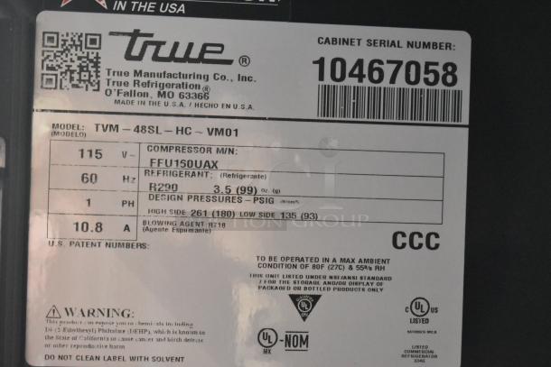 2022 True TVM-48SL-HC commercial cooler label, shows 115V, 1 phase, R290 refrigerant, UL listed, model details, serial 10467058.