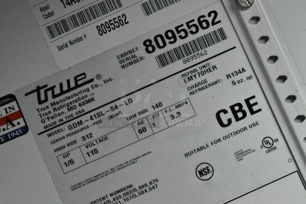 True GDM-41SL-54-LD cooler label, 2-door commercial model, 115V, 1 phase, R134A refrigerant, NSF and UL listed.