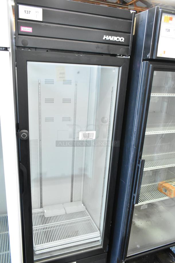 2019 Habco SE18 commercial cooler, single glass door, poly coated racks, 115V, 1 phase, excellent condition, barcode visible.