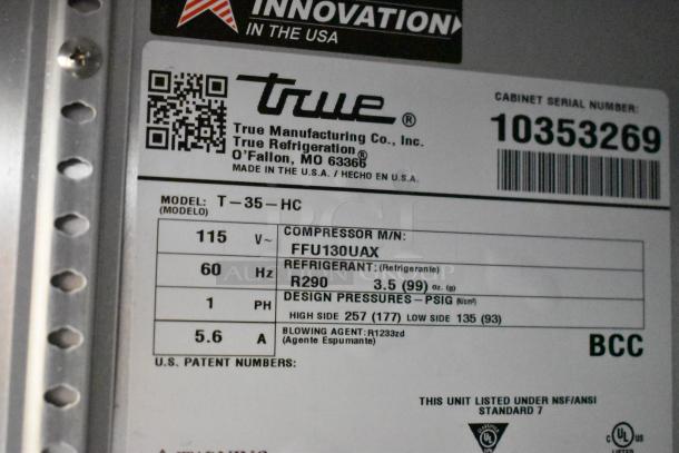 Label of 2022 True T-35-HC Reach In Cooler; features include 115V, R290 refrigerant, NSF/ANSI Standard 7 certified.