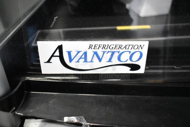 Avantco 193MAC48HCB metal commercial reach-in merchandiser with metal shelves, 115V, 1 phase, visible brand label.