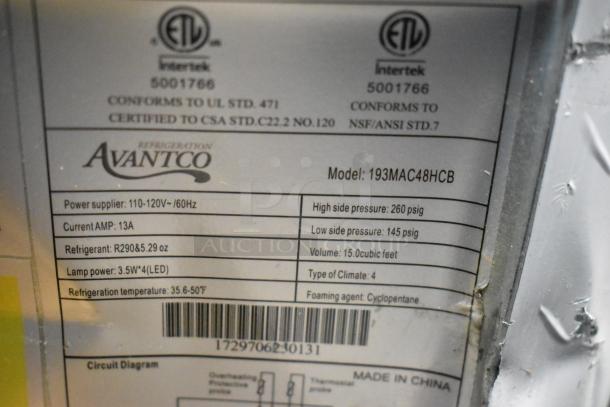 Avantco 193MAC48HCB commercial merchandiser tag showing 115V, 1 phase, 15 cu. ft. capacity, R290 refrigerant.