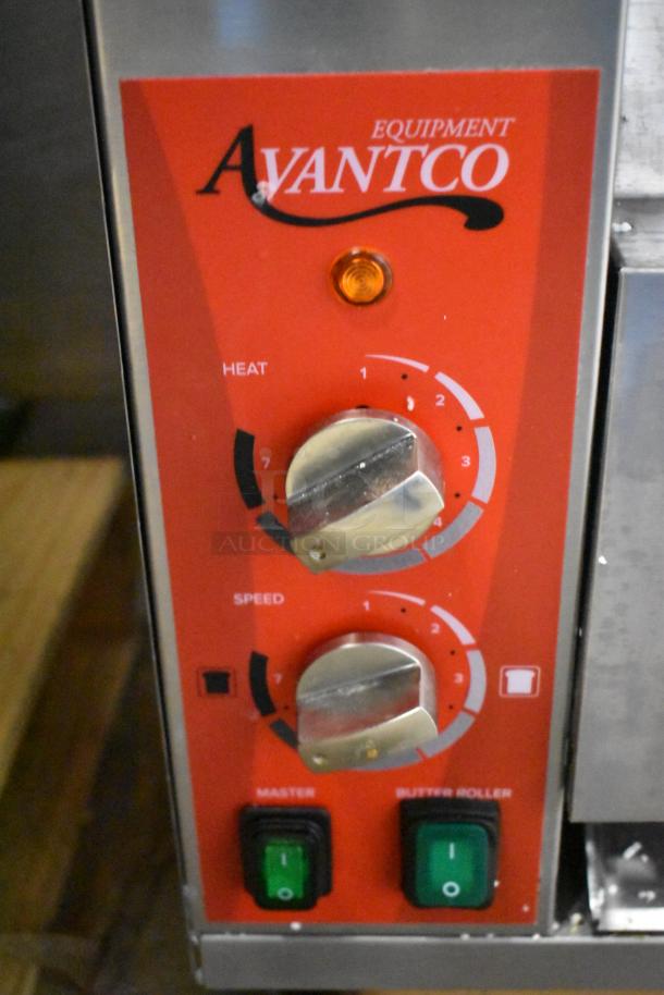 Avantco 184BT18A stainless steel conveyor bun toaster with heat and speed dials, 120V, in good condition.