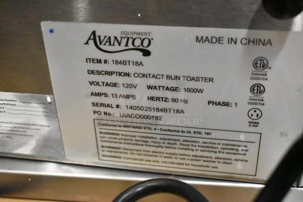 Avantco 184BT18A stainless steel conveyor bun toaster label detailing 120V, 1600W, 13A, 1 phase, serial number, compliance marks.