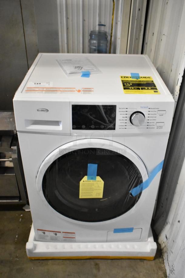 Brand new KoolMore FLW-3CWH 2.7 cu. ft. stackable front load washing machine, visible labels, minor scratches, 120V.