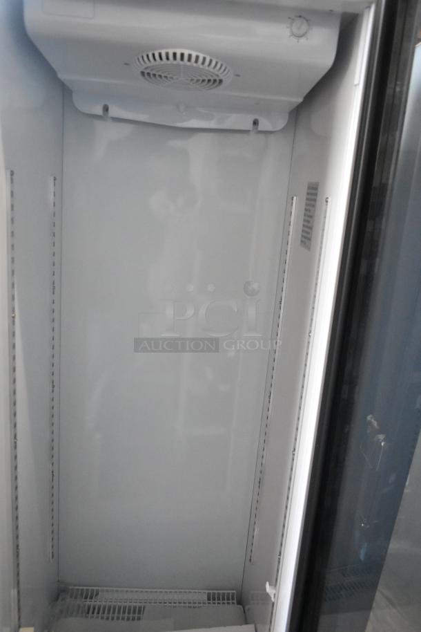 Brand new KoolMore KM-MDR-1GD-10C commercial display refrigerator, single glass door, 115V, with minor scratches.