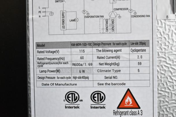 KoolMore KM-MDR-1GD-10C merchandiser refrigerator label showing specifications: 115V, R600a refrigerant, and ETL listed.