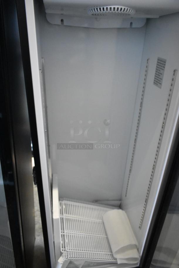 KoolMore KM-MDR-1GD-10C display refrigerator cooler, brand new with minor cosmetic flaws, features metal construction and interior shelving.