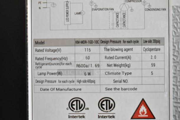 KoolMore KM-MDR-1GD-10C fridge label showing specs: 115V, 60Hz, R600a refrigerant, 59kg. ETL certified.