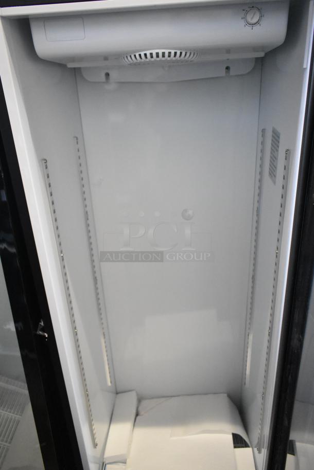 KoolMore KM-MDR-1GD-10C metal single door commercial display refrigerator, new scratch and dent, interior shelving shown.