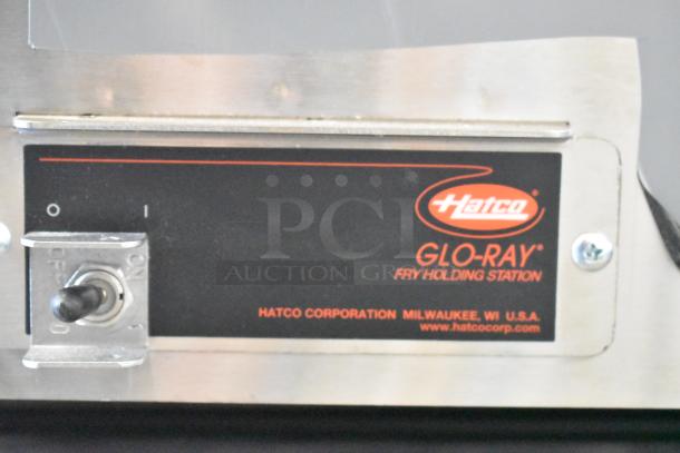 Hatco GRFHS-21 Glo-Ray Fry Holding Station label, showing stainless steel build, 120V, and on/off switch. Scratch and dent condition.