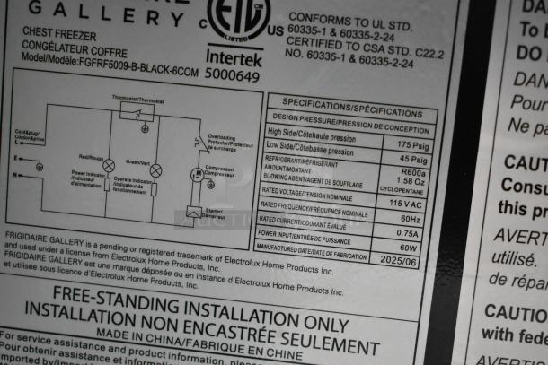 BRAND NEW Frigidaire FGFRF5009-B-BLACK-6COM chest freezer label, 115V, 1 phase, scratches and dents, specifications shown.