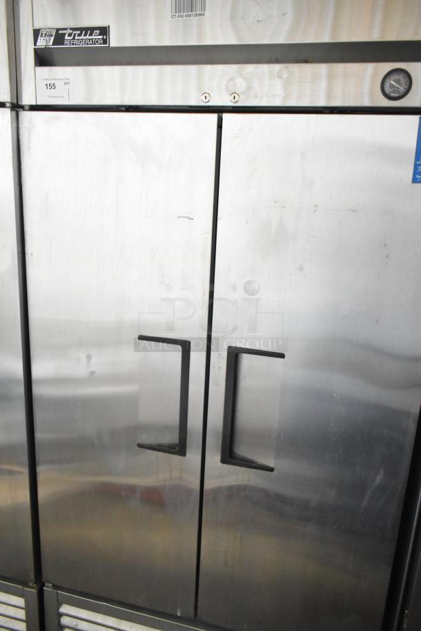 2016 True T-35-HC stainless steel 2-door reach-in cooler with poly-coated racks, 115V, 1 phase, commercial use.