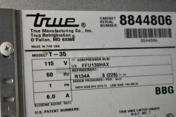 2016 True T-35-HC Stainless Steel 2 Door Reach-In Cooler label, 115V, 1 phase, with poly-coated racks; model T-35.