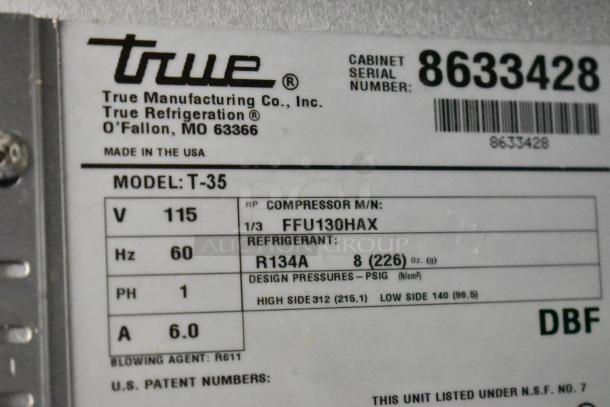 True T-35-HC stainless steel commercial reach-in cooler, 2 doors, 115V, 1 phase, model tag details, serial 8633428.