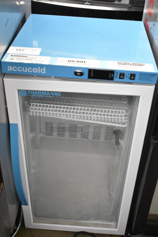 2019 Accucold ARG3PV mini cooler merchandiser with poly coated racks, clear door, 115 volts, excellent condition.
