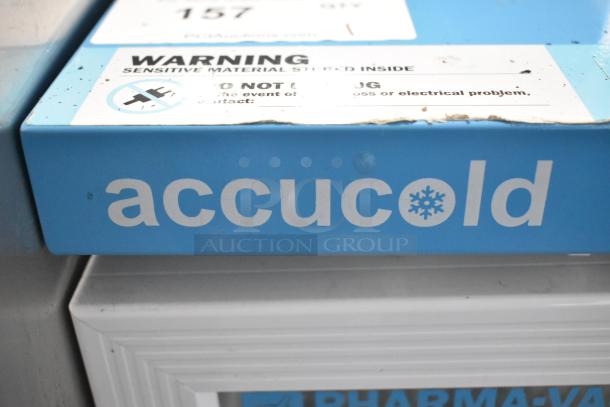 2019 Accucold ARG3PV Mini Cooler Merchandiser, blue branding and warning label, 115 Volts, poly-coated racks.