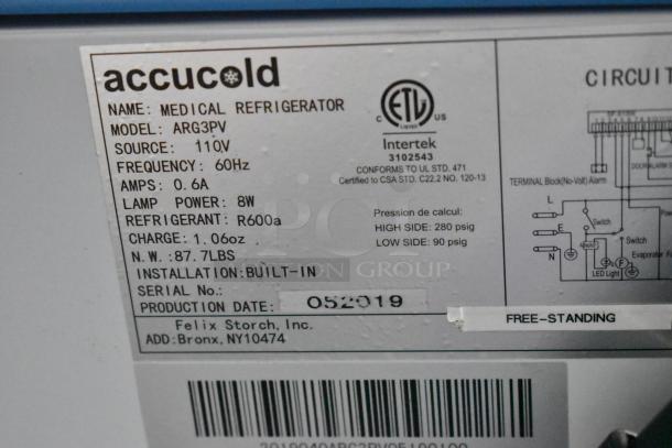 2019 Accucold ARG3PV mini cooler label, 110V, R600a refrigerant, 0.6A, production date 05/2019.