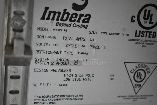 Imbera VRS05 cooler label showing model, 115 volts, phase 1, total amps, and refrigerant type R-600a.
