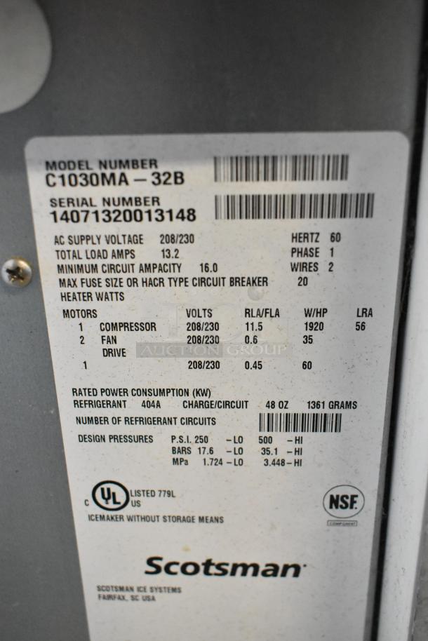 Scotsman C1030MA-32B stainless steel ice head, 208/230V, 1 phase, features detailed specifications label.