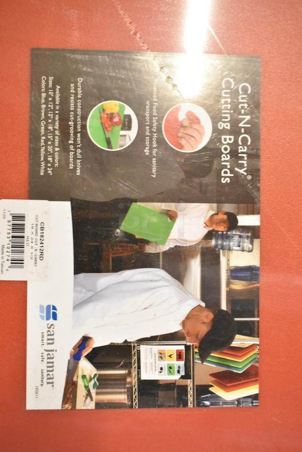 Brand new San Jamar CB182412RD red cutting board, scratch and dent condition. Features durable material and food safety hook.