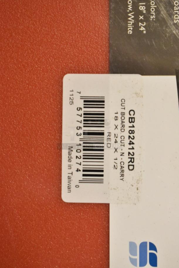 San Jamar CB182412RD red cutting board, 18x24x1/2 in, new scratch and dent, label shows model and dimensions, made in Taiwan.
