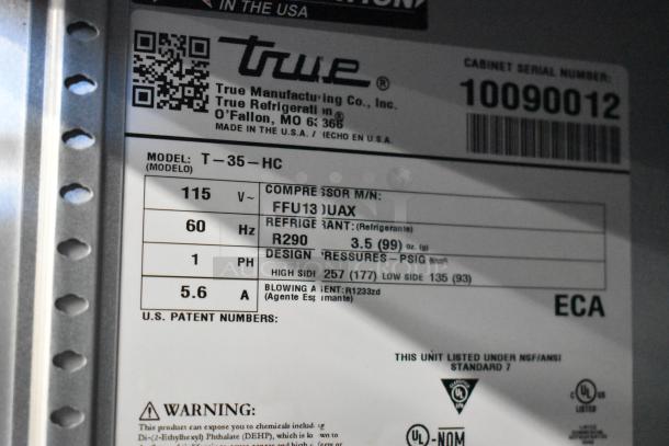 2021 True T-35-HC stainless steel commercial cooler, 2 doors, poly coated racks, 115V, 1-phase. Model: T-35-HC.