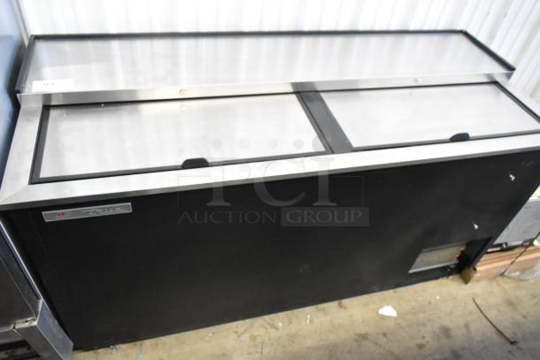 2017 True TD-65-24 metal back bar cooler with 2 sliding lids; commercial casters; 115V, 1 phase; True logo visible.