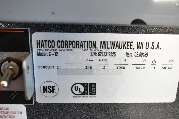 Hatco C-12 stainless steel booster water heater label, showing 240 volts, 12kW, 1 phase, serial number 6213312525.