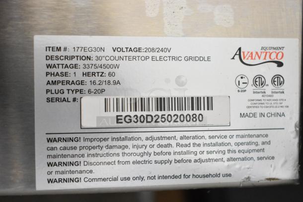Avantco 177EG30N stainless steel 30" electric griddle label; voltage 208/240V, wattage 3375/4500W, phase 1, plug 6-20P.