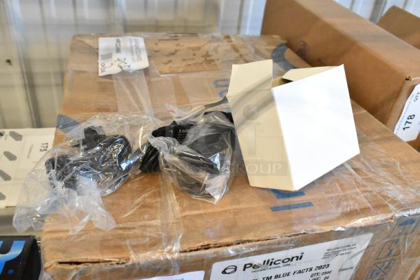 Four new scratch and dent items, including Carlisle StorPlus clear and amber food pans, displayed on a sealed box.