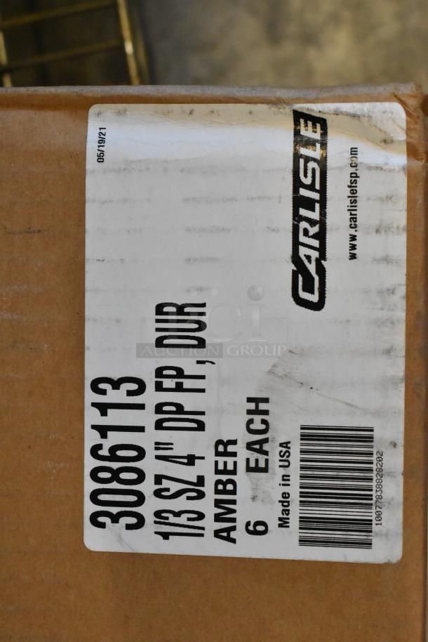 Carlisle 3086113 StorPlus 1/3 Size Amber Food Pan, 4" Deep, new condition, tag reads "Made in USA, 6 each."