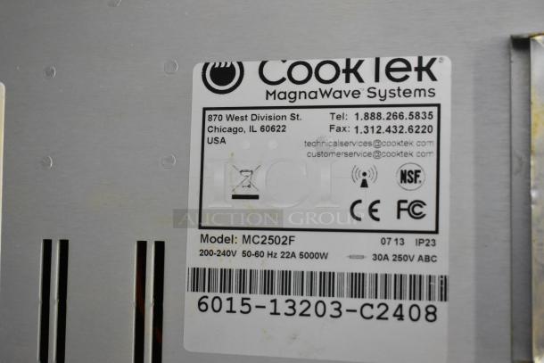 CookTek MC2502F metal label showing model and specifications: NSF, CE, FCC certified, 200-240V, 5000W, 22A.