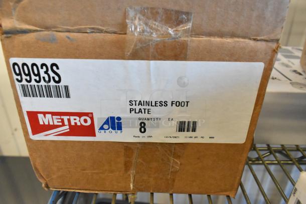 Metro 9993S stainless steel foot plate in box, featuring Metro and Ali Group branding, quantity 8, made in USA.