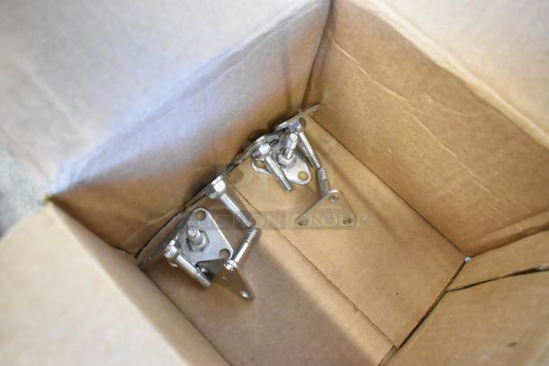 Box of stainless steel hardware components, likely for assembly, in new condition.