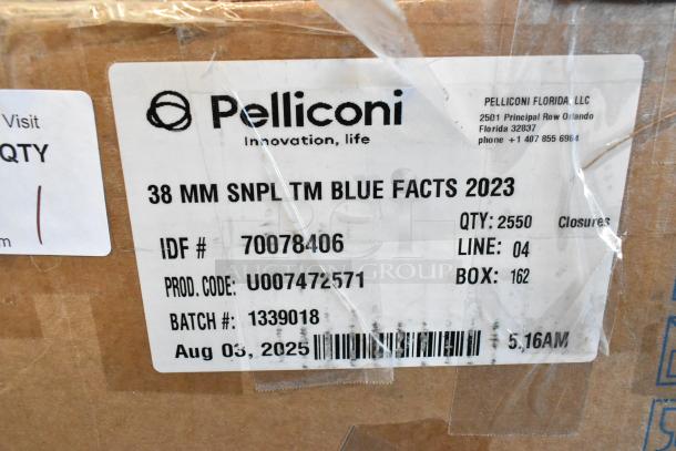 Cardboard box with labels showing Pelliconi company details and product info for 38 mm SNPL TM closures, date stamped Aug 05, 2025.
