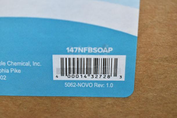 Bar code with "147NFBSOAP" and "5062-NOVO Rev: 1.0" printed on a blue label.