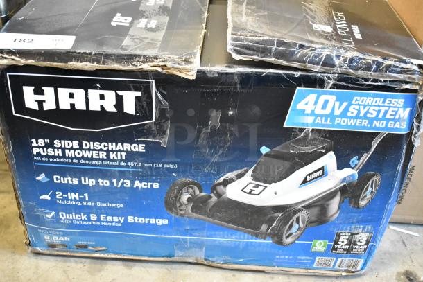 Hart 18" Side Discharge Push Mower Kit in original box. Features 40V cordless system, cuts up to 1/3 acre, and includes 6.0Ah battery.