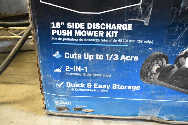 IN ORIGINAL BOX! Hart 18" Side Discharge Push Mower Kit, cuts 1/3 acre, 2-in-1 mulching, includes 6.0Ah battery, charger.