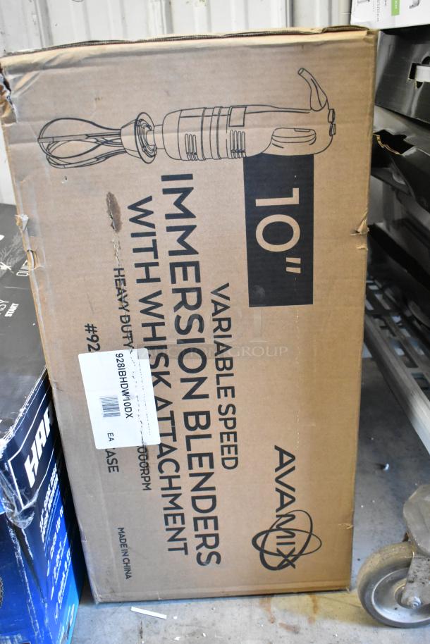 New AvaMix 928IBHDW10DX immersion blender, 10" whisk, heavy-duty, variable speed, 1 1/4 hp, 120V. Box shows wear.