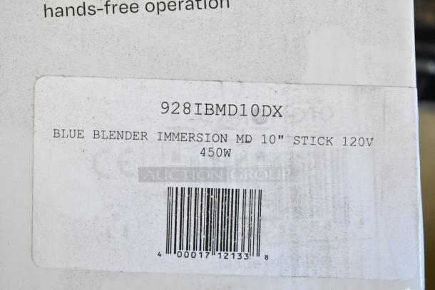 BRAND NEW SCRATCH AND DENT AvaMix 10" immersion blender, model 928IBMD10DX, 3/4 hp, 120V. Box label shows model and specs.