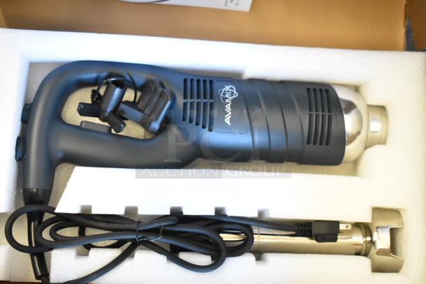 AvaMix 928IBMD10DX 10" immersion blender, new condition, 3/4 hp, 120V, marked "AvaMix," in protective foam packaging.