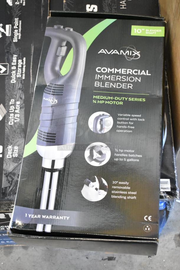 AvaMix 10" Medium-Duty Immersion Blender, 3/4 hp, variable speed, stainless steel shaft, new in box, 1-year warranty.